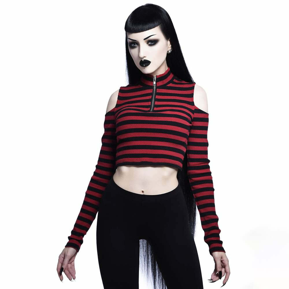 Y2K Gothic Stripe Cold Shoulder Long Sleeve Top - Retro 90s Grunge Fashion for Women