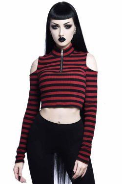 Y2K Gothic Stripe Cold Shoulder Long Sleeve Top - Retro 90s Grunge Fashion for Women