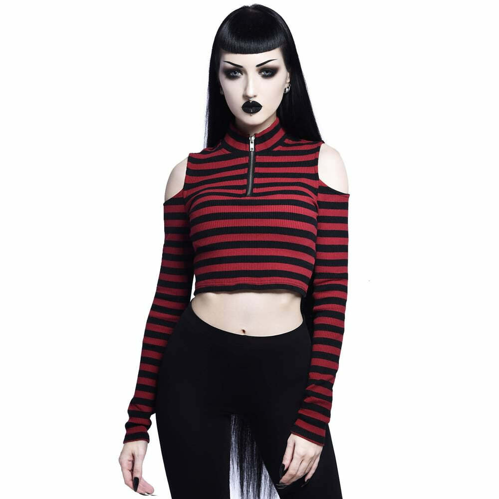 Y2K Gothic Stripe Cold Shoulder Long Sleeve Top - Retro 90s Grunge Fashion for Women