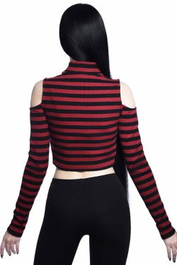 Y2K Gothic Stripe Cold Shoulder Long Sleeve Top - Retro 90s Grunge Fashion for Women