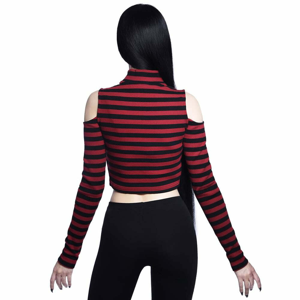 Y2K Gothic Stripe Cold Shoulder Long Sleeve Top - Retro 90s Grunge Fashion for Women