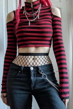 Y2K Gothic Stripe Cold Shoulder Long Sleeve Top - Retro 90s Grunge Fashion for Women