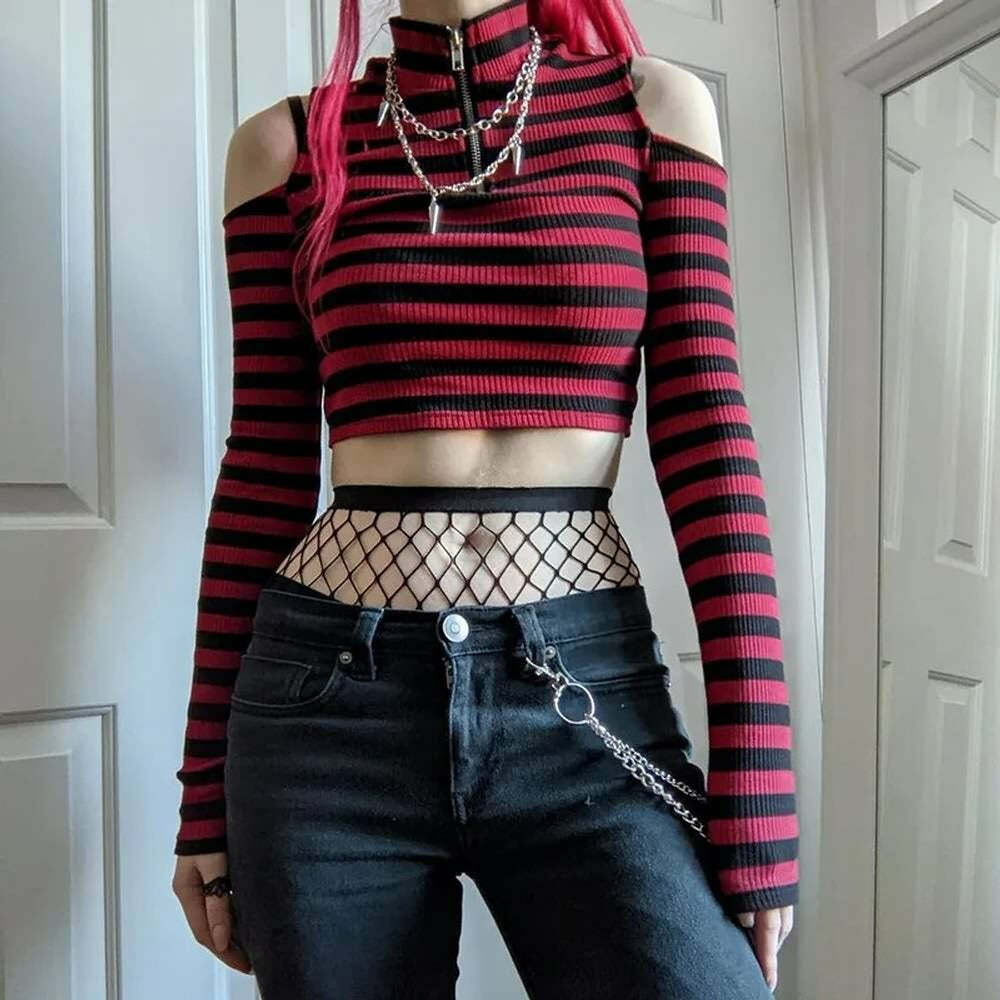 Y2K Gothic Stripe Cold Shoulder Long Sleeve Top - Retro 90s Grunge Fashion for Women