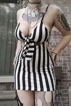 Y2K Gothic Striped Cut Out Tie Front Short Dress - Retro 90s Grunge Summer Party Outfit