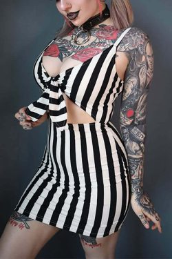 Y2K Gothic Striped Cut Out Tie Front Short Dress - Retro 90s Grunge Summer Party Outfit