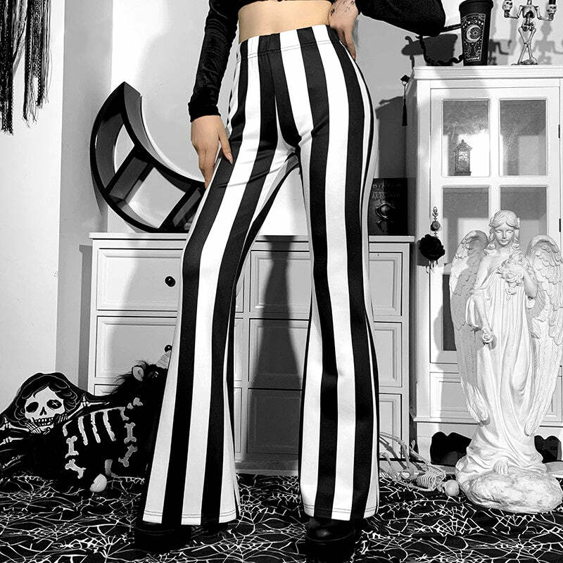 Y2K Gothic Striped High Waist Flare Pants - Retro 90s Grunge Summer Outfit