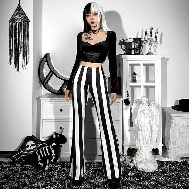 Y2K Gothic Striped High Waist Flare Pants - Retro 90s Grunge Summer Outfit