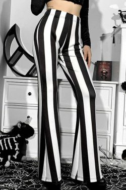 Y2K Gothic Striped High Waist Flare Pants - Retro 90s Grunge Summer Outfit