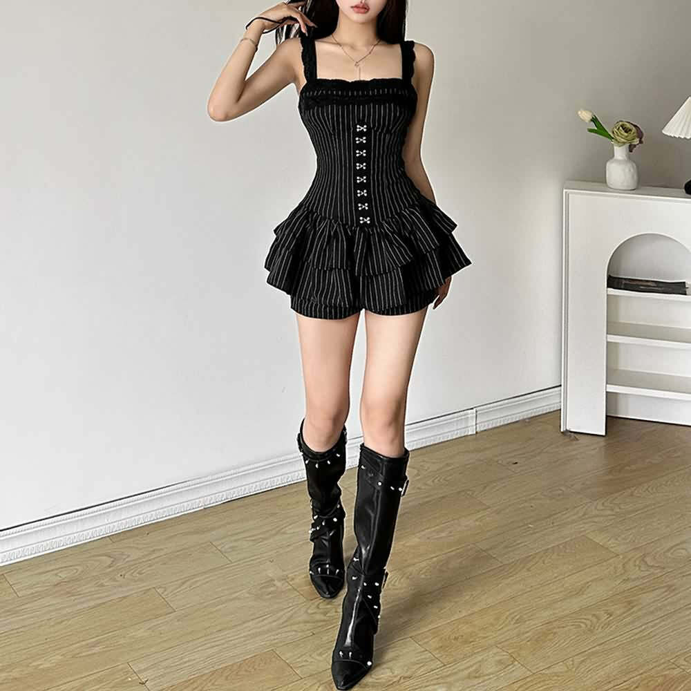 Y2K Gothic Striped Lace Trim Skort Romper - 90s Grunge Summer Outfit, Retro Y2K Fashion