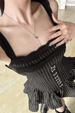 Y2K Gothic Striped Lace Trim Skort Romper - 90s Grunge Summer Outfit, Retro Y2K Fashion