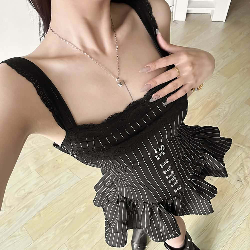 Y2K Gothic Striped Lace Trim Skort Romper - 90s Grunge Summer Outfit, Retro Y2K Fashion