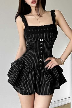Y2K Gothic Striped Lace Trim Skort Romper - 90s Grunge Summer Outfit, Retro Y2K Fashion