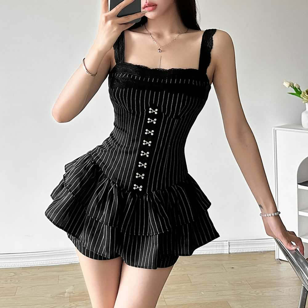 Y2K Gothic Striped Lace Trim Skort Romper - 90s Grunge Summer Outfit, Retro Y2K Fashion