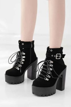 Y2K Gothic Suede Platform Boots with Buckle Strap and Lace-Up Design for Retro 90s Grunge Outfits