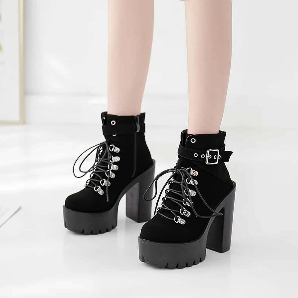 Y2K Gothic Suede Platform Boots with Buckle Strap and Lace-Up Design for Retro 90s Grunge Outfits