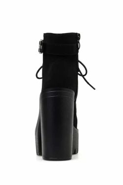 Y2K Gothic Suede Platform Boots with Buckle Strap and Lace-Up Design for Retro 90s Grunge Outfits