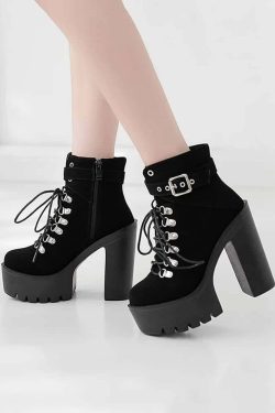 Y2K Gothic Suede Platform Boots with Buckle Strap and Lace-Up Design for Retro 90s Grunge Outfits