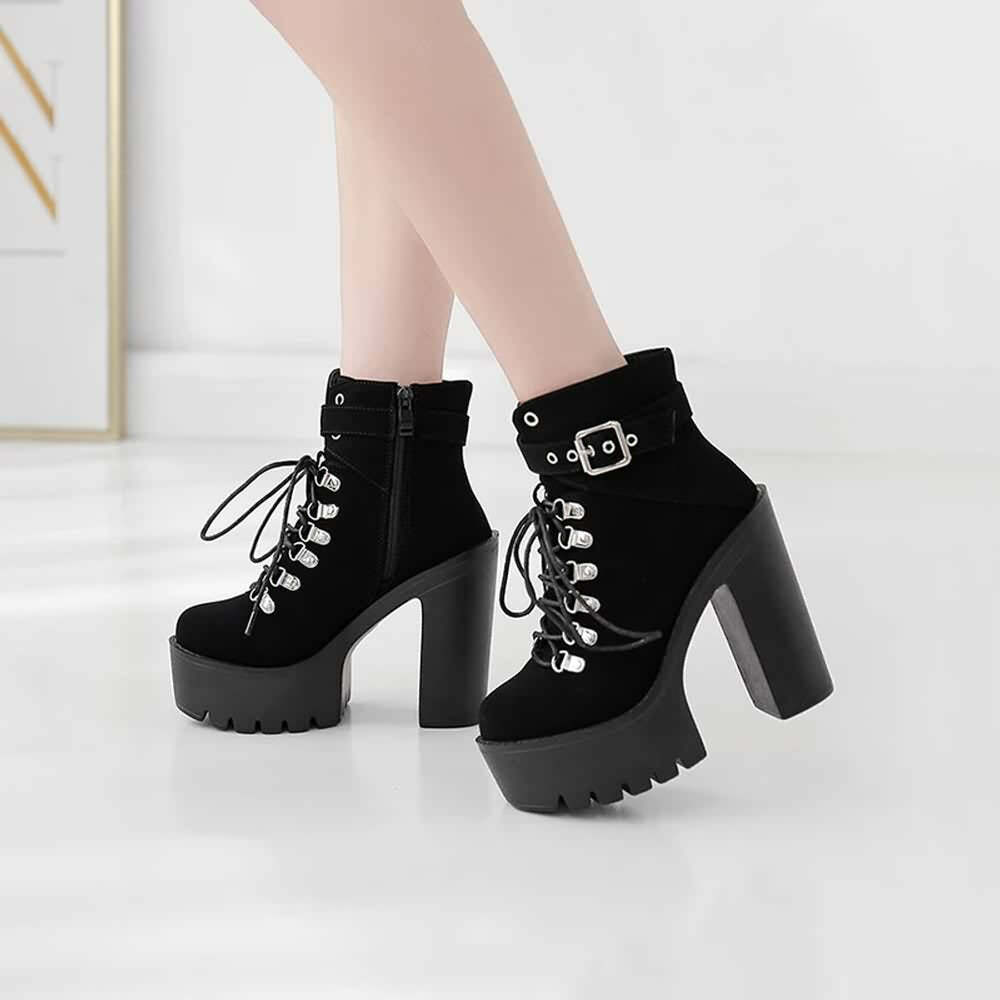 Y2K Gothic Suede Platform Boots with Buckle Strap and Lace-Up Design for Retro 90s Grunge Outfits