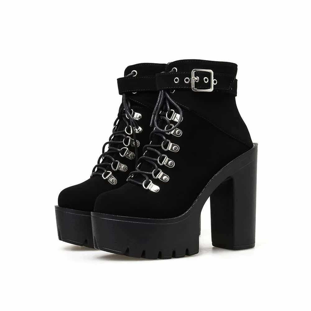 Y2K Gothic Suede Platform Boots with Buckle Strap and Lace-Up Design for Retro 90s Grunge Outfits