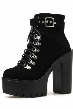 Y2K Gothic Suede Platform Boots with Buckle Strap and Lace-Up Design for Retro 90s Grunge Outfits