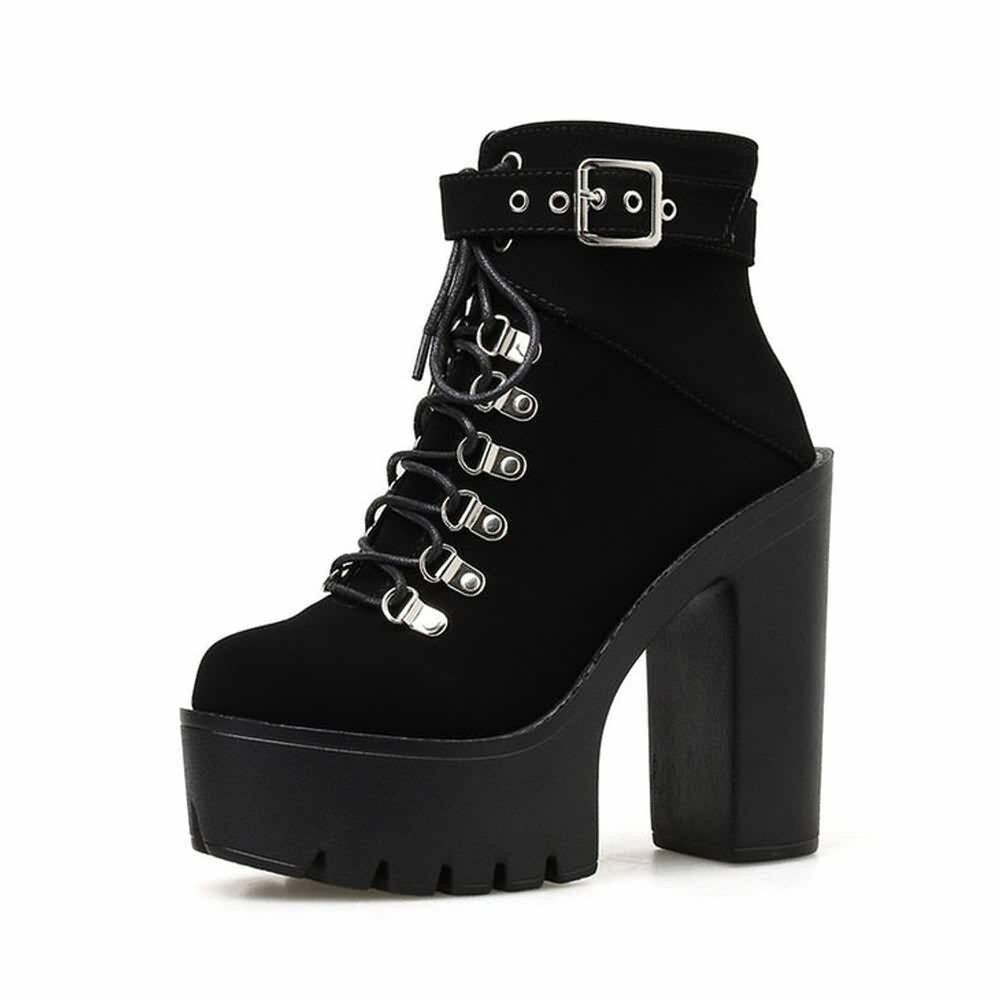 Y2K Gothic Suede Platform Boots with Buckle Strap and Lace-Up Design for Retro 90s Grunge Outfits