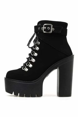 Y2K Gothic Suede Platform Boots with Buckle Strap and Lace-Up Design for Retro 90s Grunge Outfits