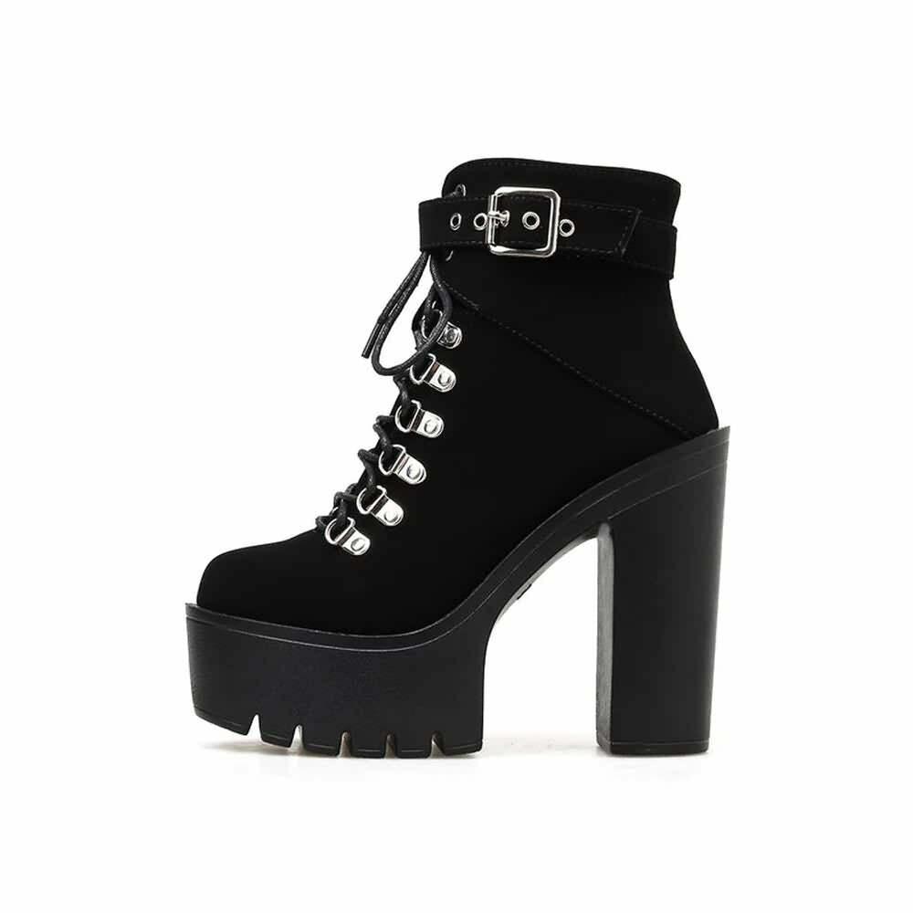 Y2K Gothic Suede Platform Boots with Buckle Strap and Lace-Up Design for Retro 90s Grunge Outfits