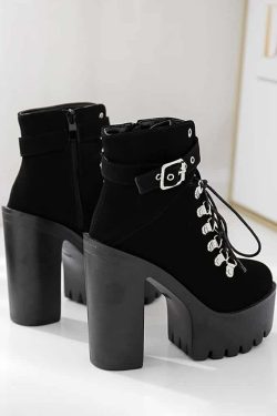 Y2K Gothic Suede Platform Boots with Buckle Strap and Lace-Up Design for Retro 90s Grunge Outfits