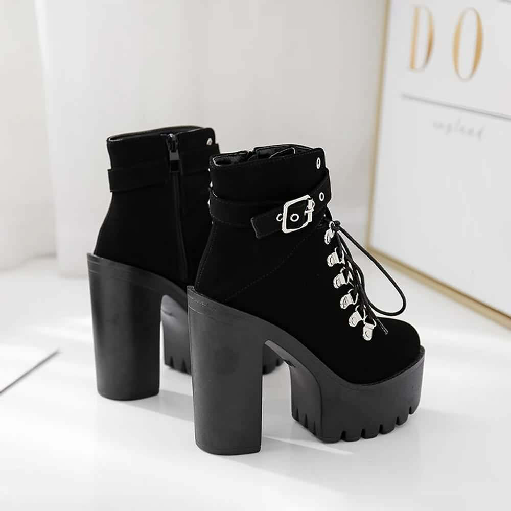 Y2K Gothic Suede Platform Boots with Buckle Strap and Lace-Up Design for Retro 90s Grunge Outfits