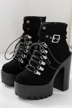 Y2K Gothic Suede Platform Boots with Buckle Strap and Lace-Up Design for Retro 90s Grunge Outfits