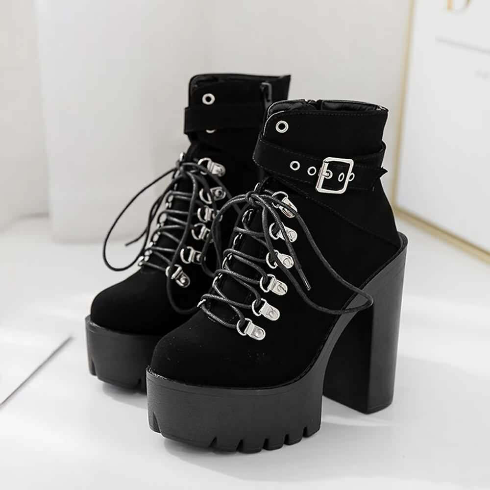 Y2K Gothic Suede Platform Boots with Buckle Strap and Lace-Up Design for Retro 90s Grunge Outfits