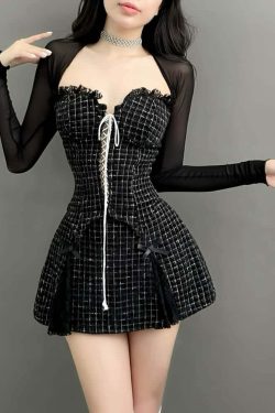 Y2K Gothic Sweetheart Neckline Mini Dress with Mesh Shrug - 90s Grunge Summer Outfit
