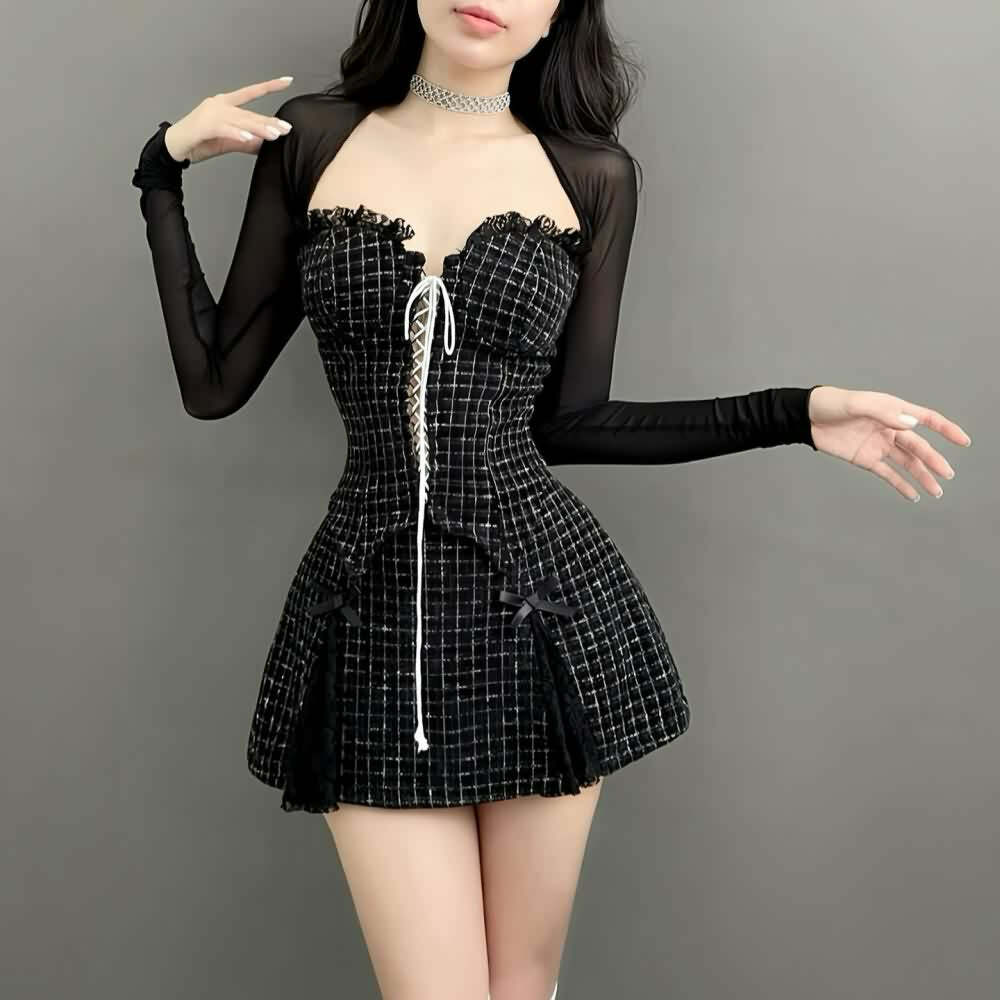 Y2K Gothic Sweetheart Neckline Mini Dress with Mesh Shrug - 90s Grunge Summer Outfit