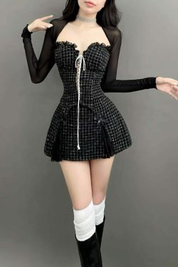 Y2K Gothic Sweetheart Neckline Mini Dress with Mesh Shrug - 90s Grunge Summer Outfit