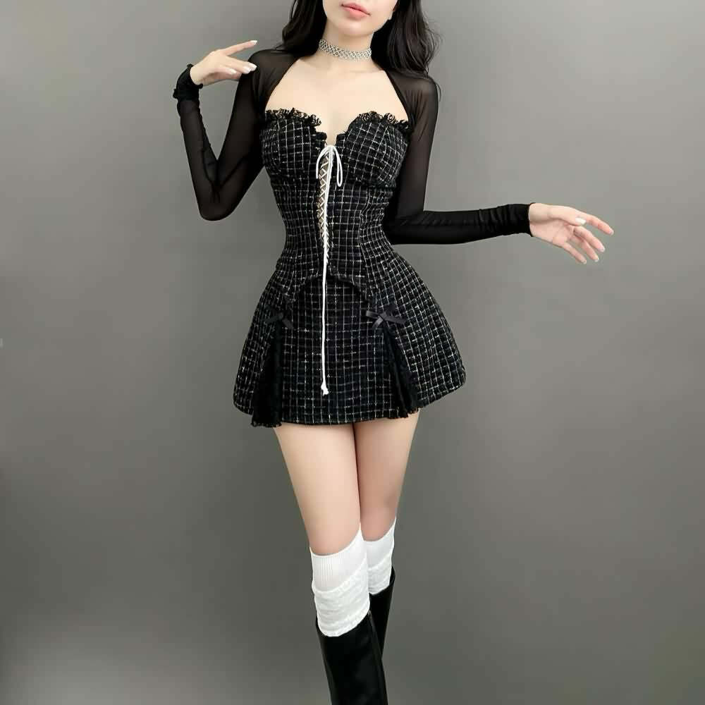 Y2K Gothic Sweetheart Neckline Mini Dress with Mesh Shrug - 90s Grunge Summer Outfit