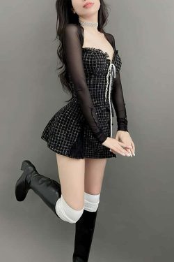 Y2K Gothic Sweetheart Neckline Mini Dress with Mesh Shrug - 90s Grunge Summer Outfit