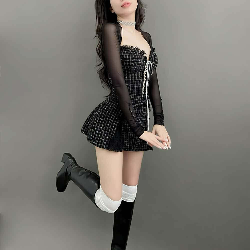 Y2K Gothic Sweetheart Neckline Mini Dress with Mesh Shrug - 90s Grunge Summer Outfit