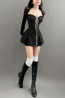 Y2K Gothic Sweetheart Neckline Mini Dress with Mesh Shrug - 90s Grunge Summer Outfit