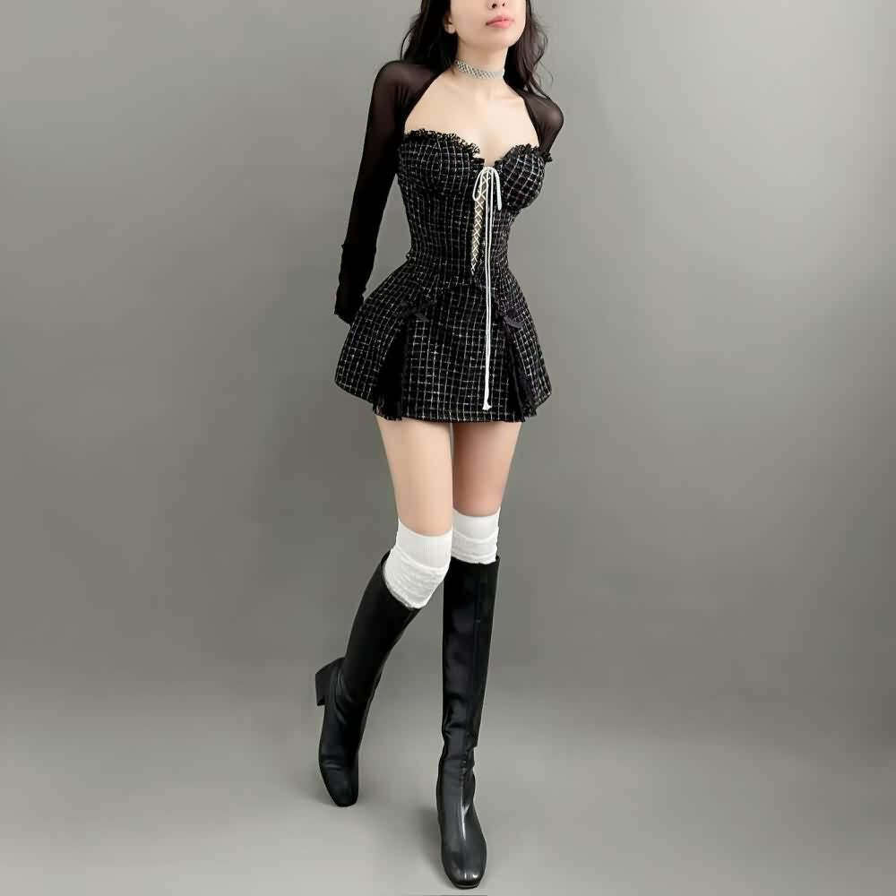 Y2K Gothic Sweetheart Neckline Mini Dress with Mesh Shrug - 90s Grunge Summer Outfit