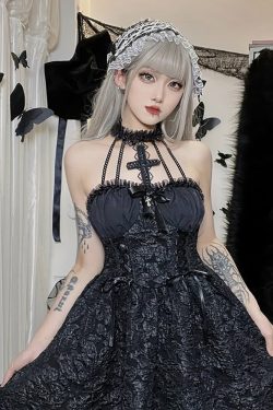 Y2K Gothic Tie Front Halter Dress - 90s Grunge Summer Outfit, Retro Dark Fashion