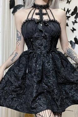 Y2K Gothic Tie Front Halter Dress - 90s Grunge Summer Outfit, Retro Dark Fashion