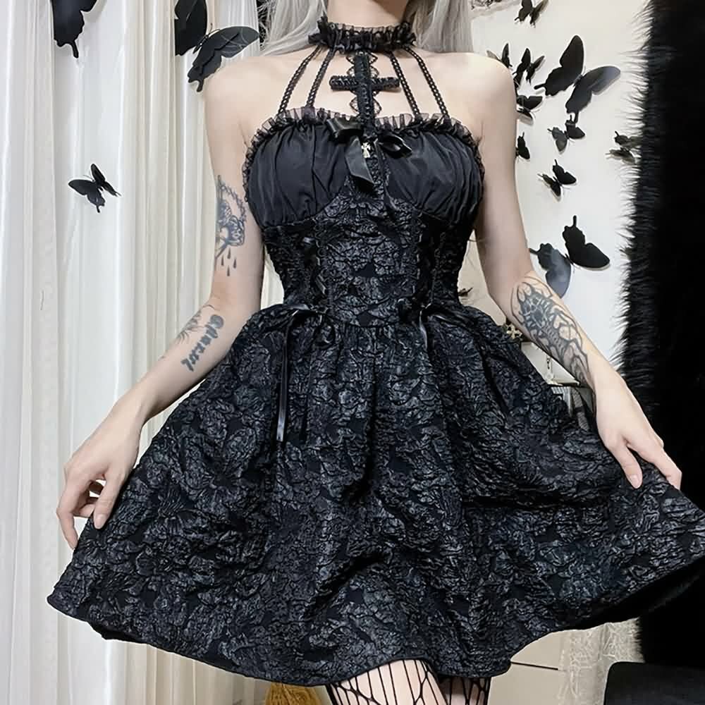 Y2K Gothic Tie Front Halter Dress - 90s Grunge Summer Outfit, Retro Dark Fashion