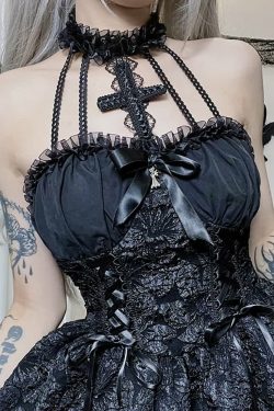Y2K Gothic Tie Front Halter Dress - 90s Grunge Summer Outfit, Retro Dark Fashion