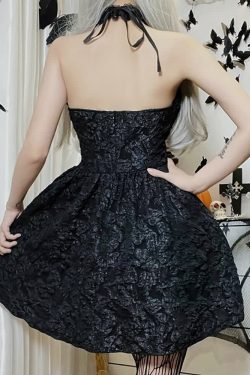 Y2K Gothic Tie Front Halter Dress - 90s Grunge Summer Outfit, Retro Dark Fashion