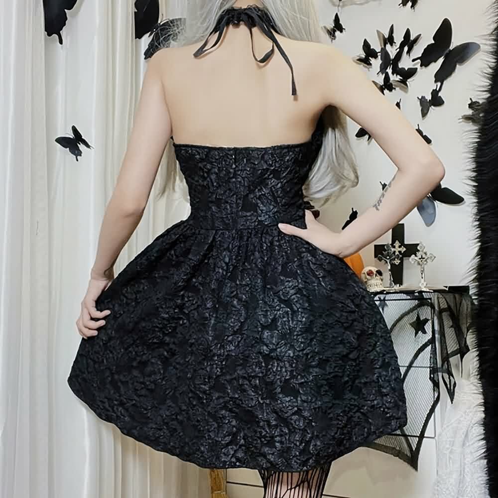 Y2K Gothic Tie Front Halter Dress - 90s Grunge Summer Outfit, Retro Dark Fashion