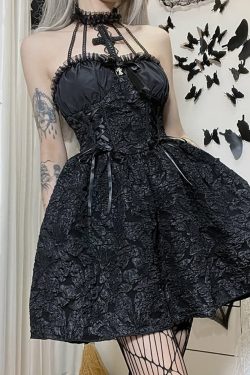 Y2K Gothic Tie Front Halter Dress - 90s Grunge Summer Outfit, Retro Dark Fashion