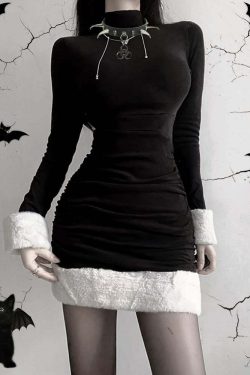 Y2K Gothic Turtleneck Fur Trim Dress - 90s Grunge, Retro, Summer, Party, Club Outfits