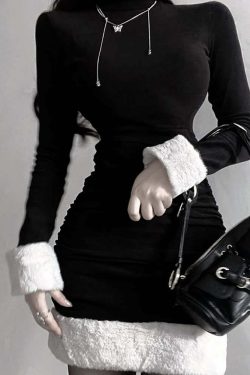 Y2K Gothic Turtleneck Fur Trim Dress - 90s Grunge, Retro, Summer, Party, Club Outfits