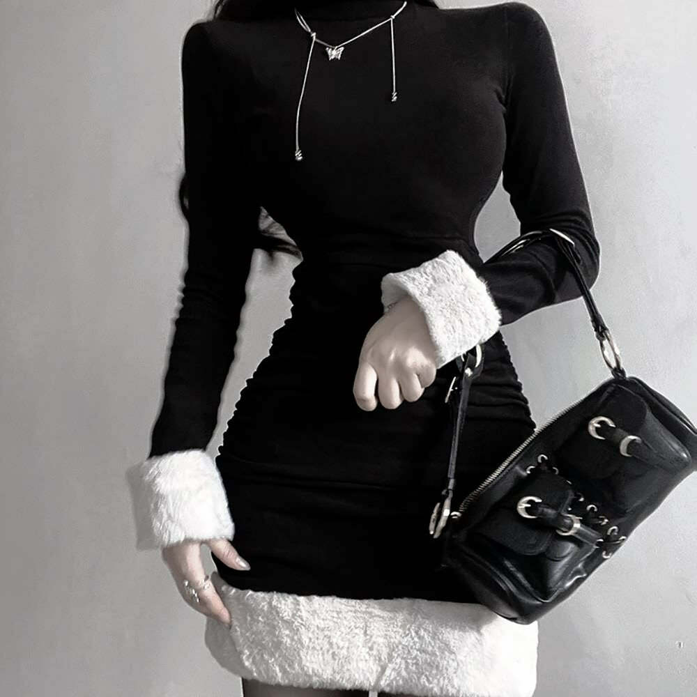 Y2K Gothic Turtleneck Fur Trim Dress - 90s Grunge, Retro, Summer, Party, Club Outfits