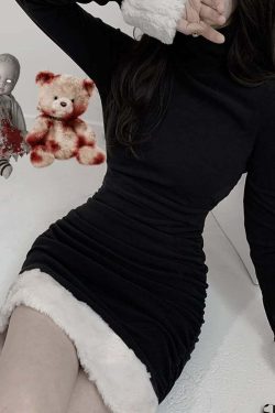 Y2K Gothic Turtleneck Fur Trim Dress - 90s Grunge, Retro, Summer, Party, Club Outfits
